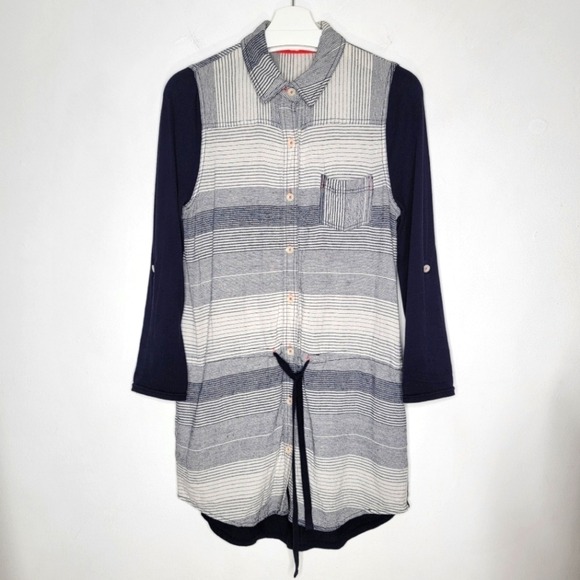 9-H15 STCL Anthro Linen Stripe Tunic Top Navy Blue Women's Sz Medium Boho Casual - Picture 15 of 15